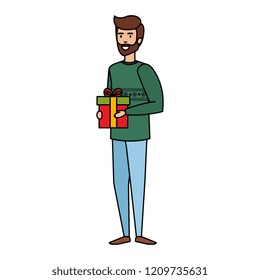 young man with christmas clothes and gift