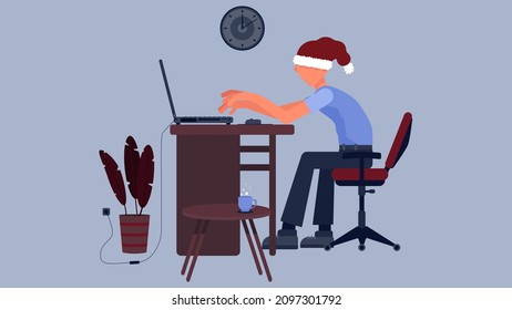 Un Joven En Un Sombrero De Navidad Está Trabajando, Estudiando, O Jugando En Una Computadora En La Oficina O En Casa. Trabajo remoto