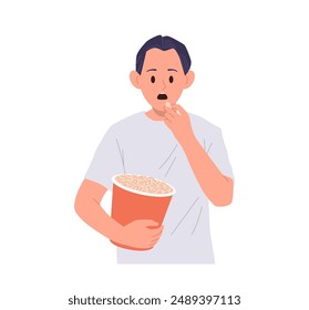 Young man cinema film spectator cartoon character feeling scared and shock eating popcorn snack