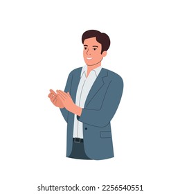 Young man clapping hands thanking or showing appreciation at event.  Vector cartoon flat style illustration