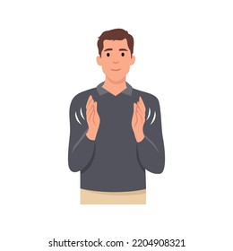 Young man claps his hands. Gesture of admiration. Bravo. Congratulations. Flat vector illustration isolated on white background