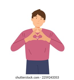 Un joven se aferra a sus manos en forma de corazón. Un niño entrega su corazón a su amante. Alentarse a sí mismo con el estilo de ilustración vectorial de caricatura plana aislado