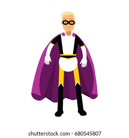 Young man in classic superhero costume and a purple cape vector Illustration