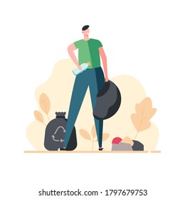 Joven limpiador llevando basura en una bolsa. Personajes voluntarios aislados coleccionando basura. Concepto de limpieza, protección de la ecología, salvar el planeta. Ilustración vectorial en diseño plano de dibujos animados