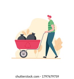 Joven limpiador llevando basura en un carro. Personajes voluntarios aislados coleccionando basura. Concepto de limpieza, protección de la ecología, salvar el planeta. Ilustración vectorial en diseño plano de dibujos animados