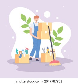 young man with cleaning equipment