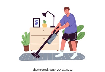 Young man cleaning floor and carpet with cordless vacuum cleaner. Person doing home cleanup using domestic appliance in apartment room. Colored flat vector illustration isolated on white background