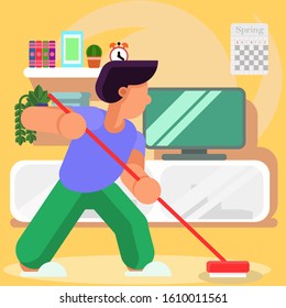 Young man cleaning floor using plastic mop  in Living Room  Cartoon Flat Vector Illustration,