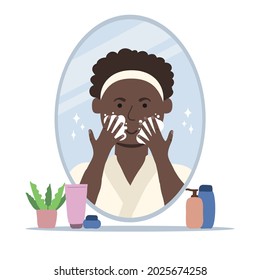 Young man cleaning his face with foam soap. Men's skin care concept. Flat style color vector illustration.