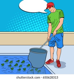 Young Man Cleaning Pool From Leaves. Pop Art Vector illustration
