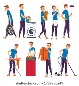 Young Man Cleaning, Vacuuming, Doing Shopping, Cooking, Housekeeping, Everyday Duties And Chores Cartoon Vector Illustration