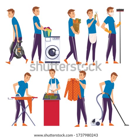 Young Man Cleaning, Vacuuming, Doing Shopping, Cooking, Housekeeping, Everyday Duties and Chores Cartoon Vector Illustration