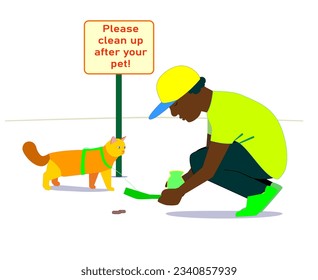 A young man cleans up after his ginger cat near a sign that reads "Please clean up after your pet."