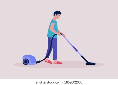 Young man cleans the floor with a vacuum cleaner. Colorful flat vector illustration