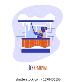 Young Man Cleans His Roof From The Snow, Ice And Dangerous Icicles With A Shovel On The Balcony In Winter. Vector Cartoon Illustration.