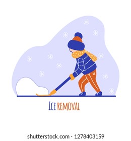 Young man cleans his track from the snow and ice with a shovel on the street in winter. Vector cartoon illustration.