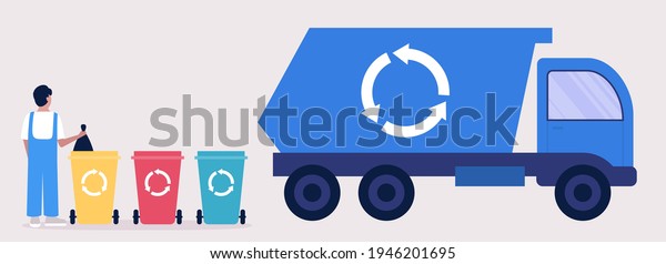 Young man\
cleans trash cans. Cleaning service concept. Recycle thrash and\
Waste separation. Colorful flat vector\
drawing.