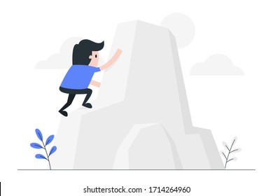 Young man climb to the top of the mountain. Reach the goal concept illustration.