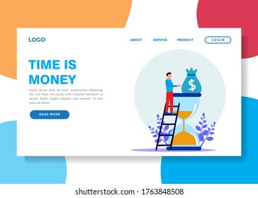 The young man climbed the ladder on an hourglass and achieved success with her business. Financial concepts, time management. Flat vector illustration.
