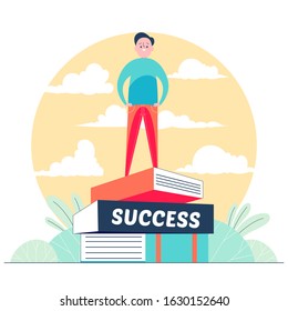 Young man climbing books. isolated on white background vector illustration