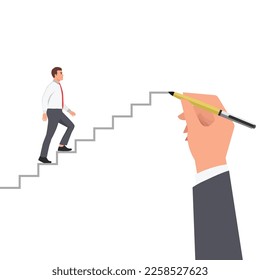 Young man is climbing career ladder. Human hand drawing stairs close up. Concept of business development. Flat vector illustration isolated on white background