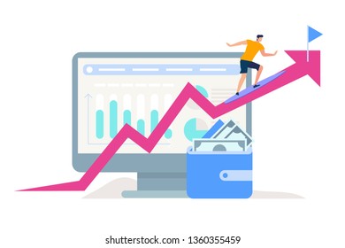 Young Man Climbing Up to Flag Target by Pink Crooked Arrow on Huge Monitor with Graphs and Charts Background. Wallet with Banknotes Stand Below Isolated on White . Cartoon Flat Vector Illustration