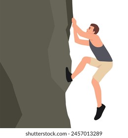 Joven trepando en una pared de piedra caliza. Ilustración vectorial plana aislada sobre fondo blanco