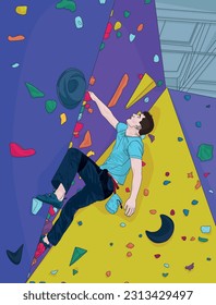 Young man climbing up on practice wall in gym. Extreme and healthy lifestyle concept. Vector illustration design