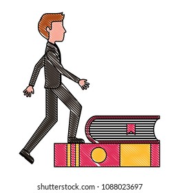 young man climbing on steps of books