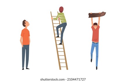 Joven escalando la escalera de la escalera y colgando en el conjunto de vectores de ramas de árbol