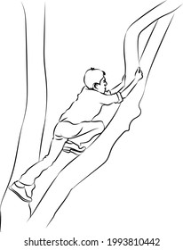 A young man climbing a tree and looking forward doodle style line art illustration 