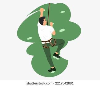 A young man climbs a climbing wall in a bouldering park. In an extreme gym on a stone wall, an artificial mountain with rocks. Flat vector illustration.