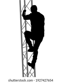 Young man climbs a high tower. Isolated silhouette on white background