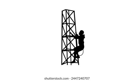 Young man climbs high tower, black isolated