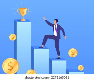 A young man climbs the stairs to success in business and career