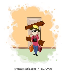 Young man closed the door and going to travel