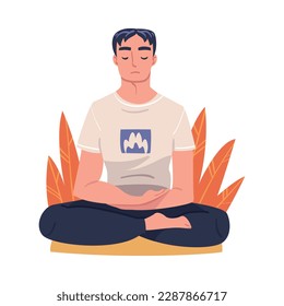 Young Man with Closed Eyes Doing Meditation Sitting in Lotus Pose on Yoga Mat Practicing Mindfulness Vector Illustration