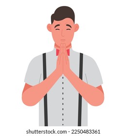 Young man in closed eyes praying hands together. Vector illustration.