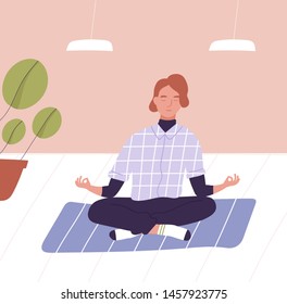 Young man with closed eyes sitting cross legged and meditating. Business meditation, office relaxation technique, mindfulness, spiritual practice at work. Flat cartoon colorful vector illustration.