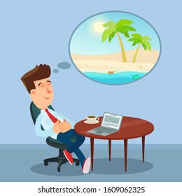 Young man with closed eyes sitting in office at work and dreaming about vacation, traveling on sea. Summer vacation, trip to tropical island. Vector illustration, flat design cartoon style.