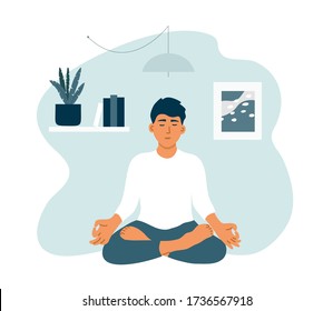 Young man with closed eyes staying home, enjoying meditation. Boy practicing yoga, mindfulness, breath control. Guy in crossed legs pose relax sitting on floor. Healthy lifestyle vector illustration.