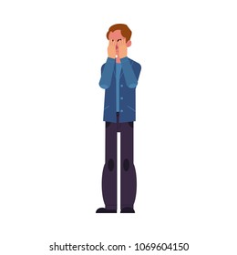 Young man closes his eyes with his hands because of disgust and reluctance to see something, fear or sadness isolated on white background. Cartoon male character, vector illustration.