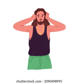 Young man closing ears from noise. Unhappy sad discontent person covering and protecting from loud noisy sounds, dont want to listen smth. Flat vector illustration isolated on white background
