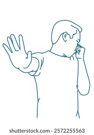 young man closing his nose and makes stop gesture