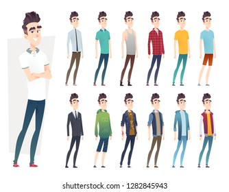 Young man clothes collection. Guy in different clothes styles