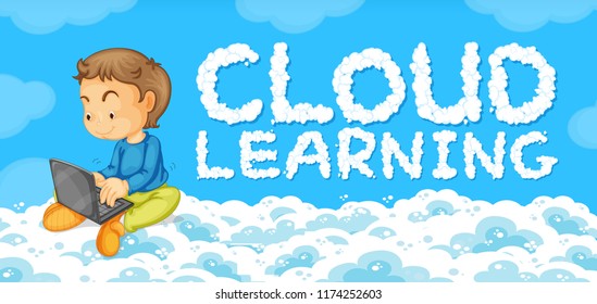 A young man with cloud learning template illustration