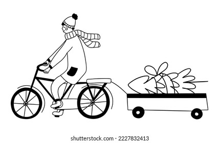 Young man in coat rides a bicycle and pushes Christmas tree in cart. Black and white vector isolated illustration hand drawn doodle. Winter holiday season, new year eve