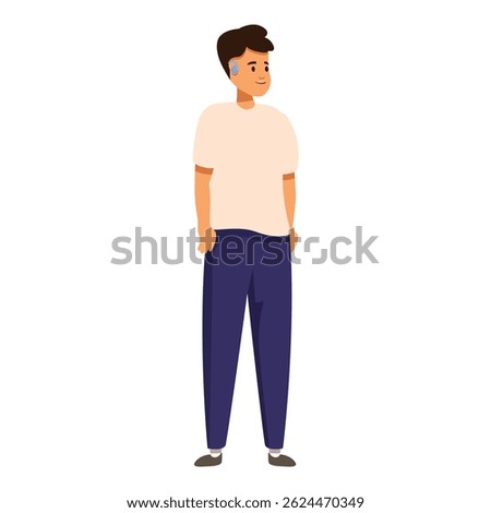 Young man with a cochlear implant is standing with his hands in his pockets, embodying confidence and challenging the stigma associated with hearing loss