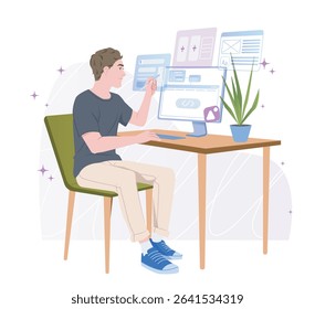 A young man coding at a desk with a plant and digital UI elements floating above the screen, in flat cartoon style on a light background. Concept of web development. Vector illustration