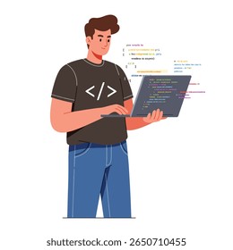 A young man is coding on a laptop, wearing a t-shirt with programming symbols.